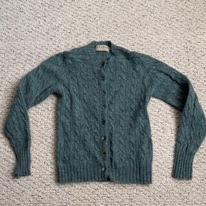 100% wool Cable Knit Button-Up Sweater Cardigan - Teal Green L.L Bean vintage 34